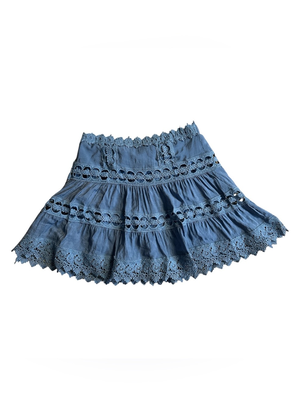 Japna Blue Crochet Trim Tiered Mini Skirt. Lined. Size Small. 26”-28”W 15” L